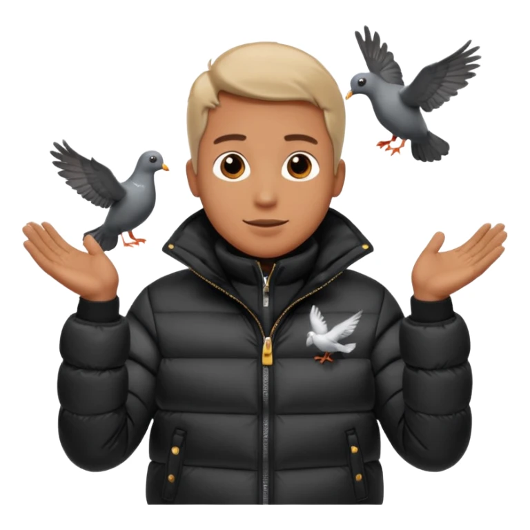puffer shiny black jacket man open arms looking at a flying pigeon sticker