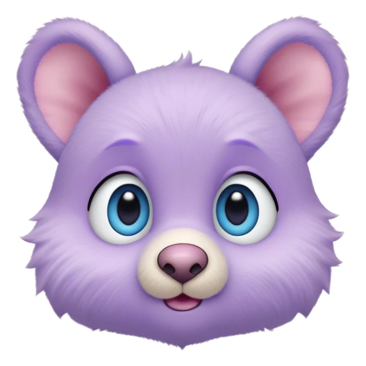 A creature with pastel purple fur and large pixar blue eyes and very small ears like a teddy bear. The nose is just a circle and very small pink. The base around the eyes, nose and mouth is white, with a blush. sticker