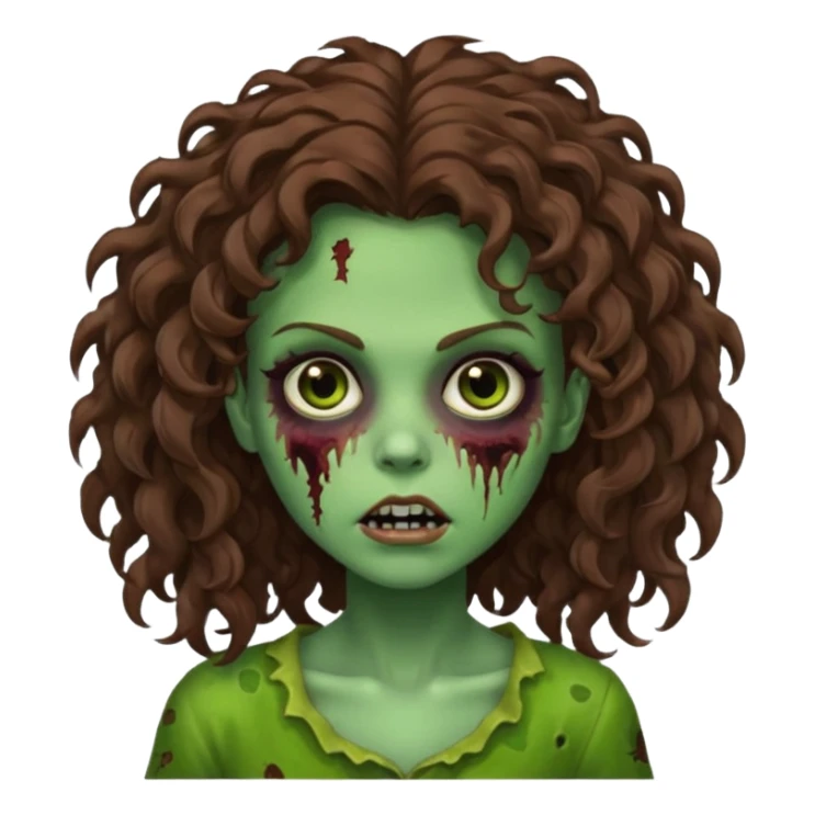Faça uma garota zombie de cabelo cacheado castanho, olhos castanhos escuro e pele verde d zombie, com o cabelo grande sticker