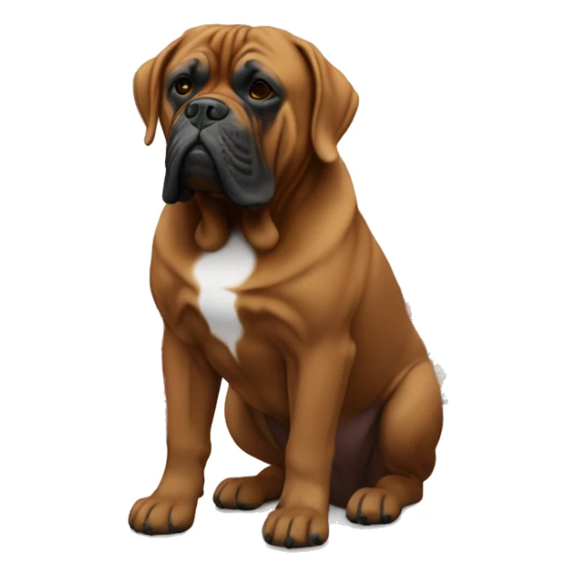 Black masked Dogue de Bordeaux in Front of a christmas tress sticker