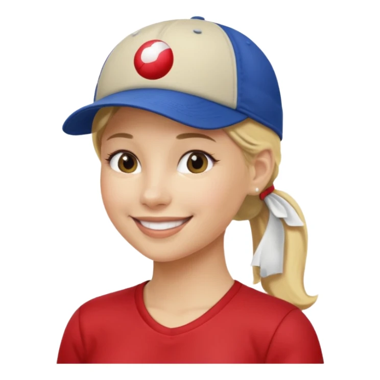 blond woman, pony tail, ball cap sticker