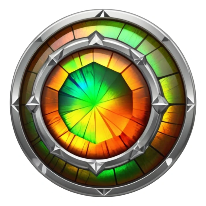 extra close-up round cut ammolite gemstone with holographic effect, silver metal accent, focus on gem facets sticker