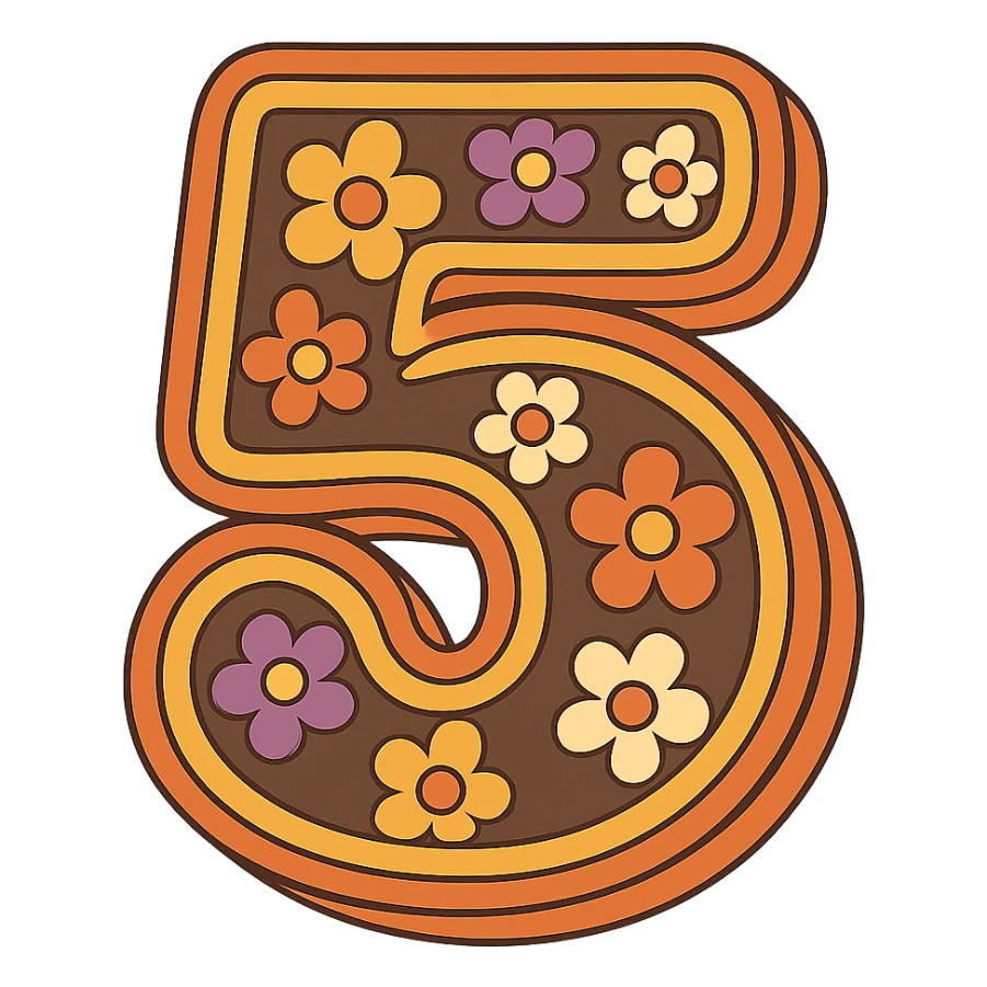 number 5 in retro 70s style, outlined with floral patterns, orange, yellow, brown, and purple sticker