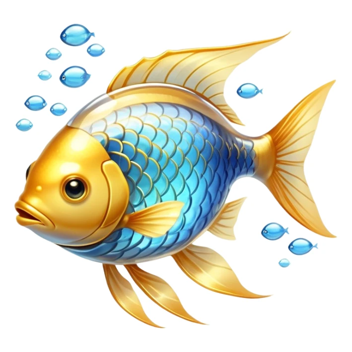 Ethereal golden fish with translucent glowing scales transforming into or carrying a shining golden omega-3 capsule. The fish appears magical and flowing, with streams of light connecting it to the capsule. Both elements emit a soft radiant glow in a dreamy atmosphere with subtle blue undertones. sticker