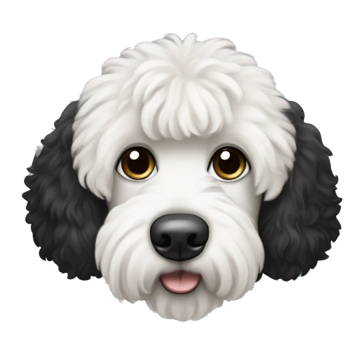 White and black labradoodle dog, black ears, black fur around left eye, white fur around right eye sticker