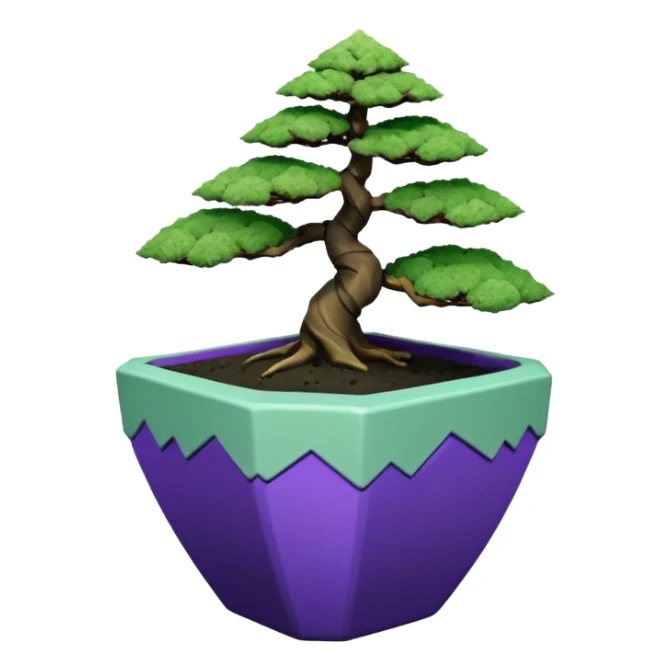  Earthenware ware small short squat cascading black green-violet bonsai pot plant purple lace-leaf pine tree with triangular angular polygonal faceted asymmetrical originally shaped pot sticker