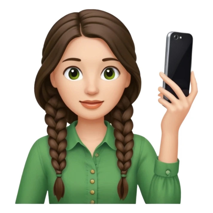 brunette long braided haired woman with green blouse holding her phone having selfie sticker
