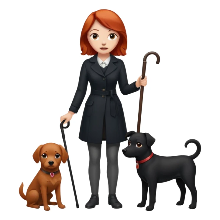 Red headed woman with a cane and a black dog sticker
