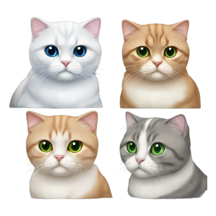 Scottish Fold cat with red fur and green eyes with straight ears sits with Scottish Fold, a cat with folded ears, blue eyes and white fur. sticker