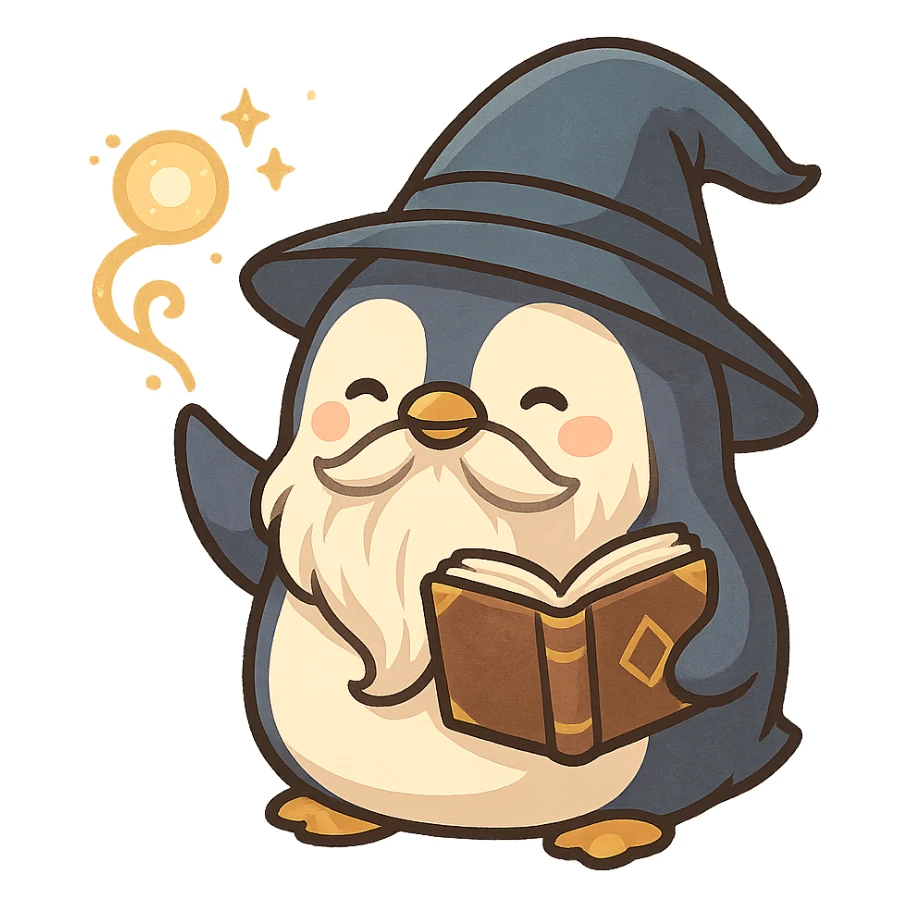 a chubby penguin wizard casting a spell, with a long beard and a mystical book sticker