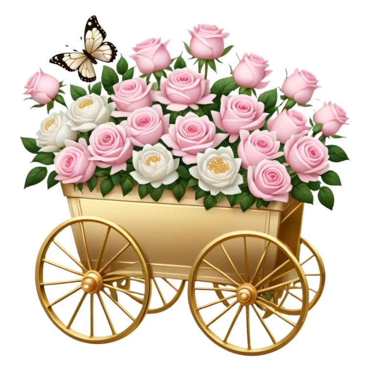 A nostalgic Parisian flower cart, overflowing with freshly picked pale pink roses and white peonies, its golden wheels glistening under the soft glow of lantern light, with pearl butterflies resting on the floral arrangements.
 sticker