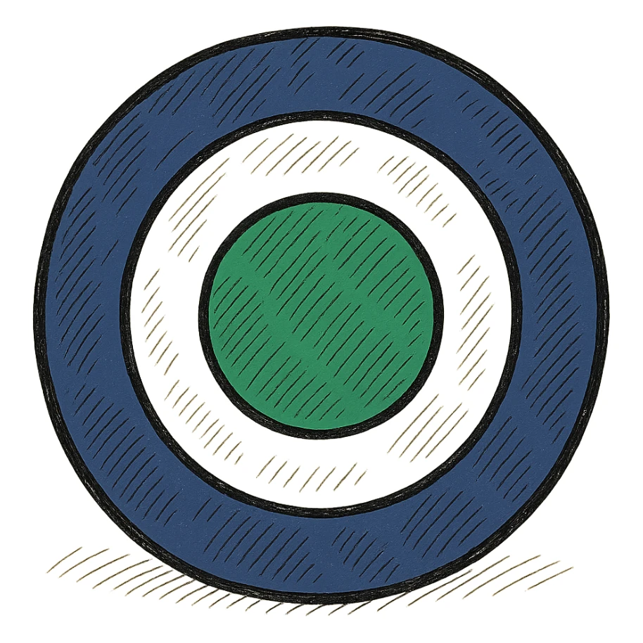 A target with navy rings and a vibrant green bullseye, with a border, doodle style sticker