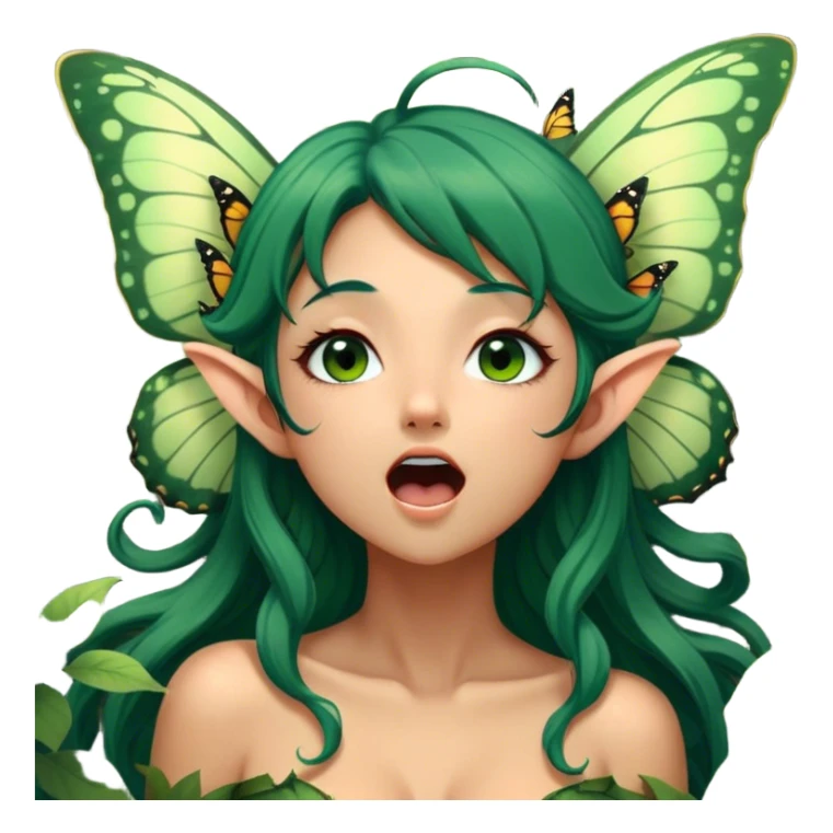Cinematic Realistic Forest Nymph Fairy Portrait, head tilted slightly with a dramatic, wide-open yawn, revealing a tender, relaxed visage with finely detailed tanned skin and flowing, vine-adorned dark green hair gently framing her face. Her sleepy eyes exude a serene, dreamlike quality as soft natural sunlight filters through the canopy, showing her large butterfly wings from her back capturing the essence of a drowsy yet captivating forest nymph drifting into peaceful slumber. sticker