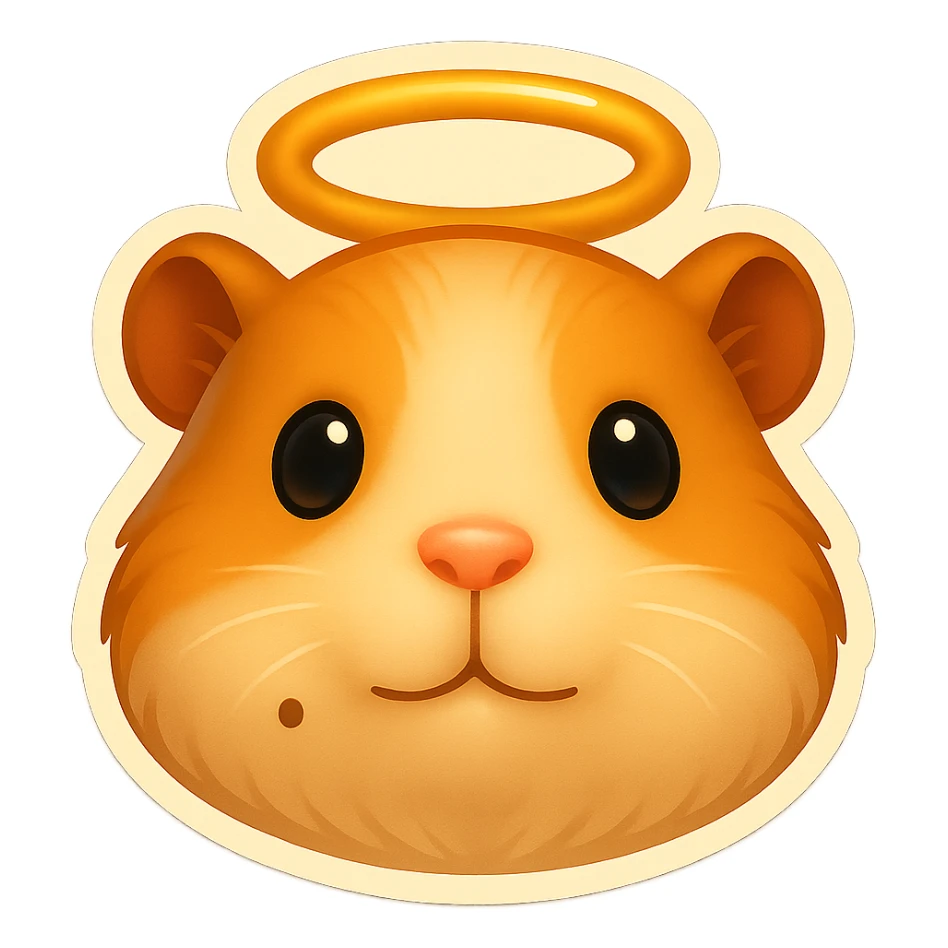 Create an emoji in a simplified and expressive style based on the guinea pig god's face. Keep the face details including the halo and the mole on the left cheek. Use a transparent background. sticker