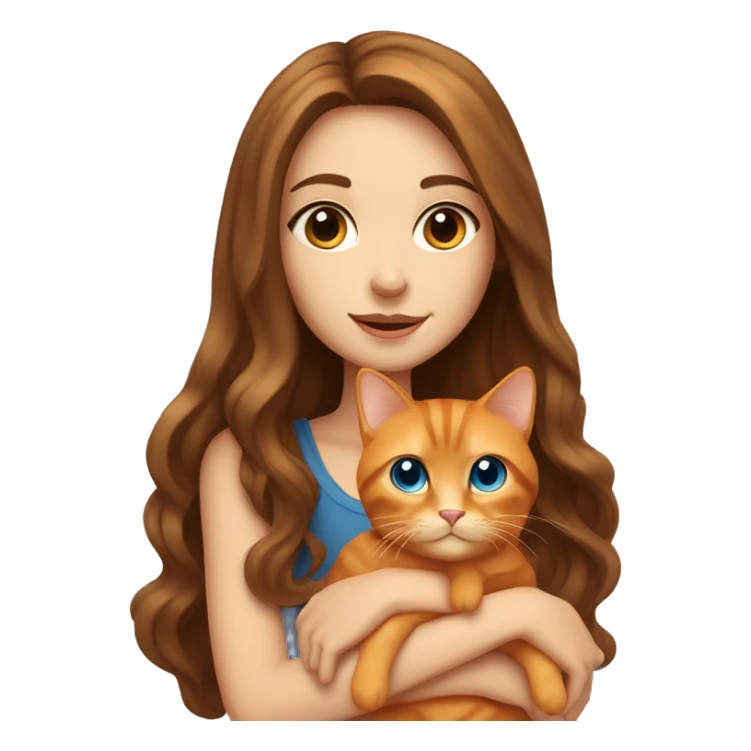 long haired brunette girl with blue eyes holding one chubby orange tabby cat sticker