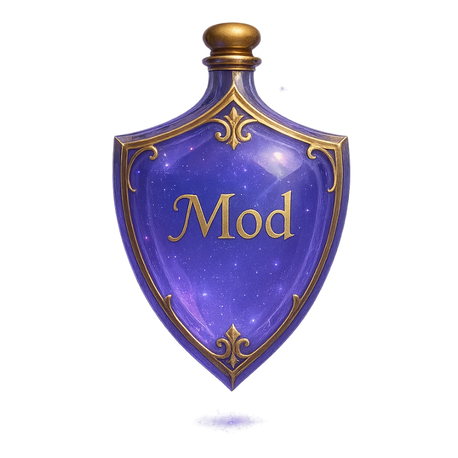 very luxurious crystal elixir bottle in shield shape, color #7986cb, with inscription 'Mod', lots of glow, edges, ornaments, golden details, magical effects, very small golden neck, transparent background, beautiful seamless bottom, bottle clearly floating in air, no base or shadow, modern, fits collection sticker