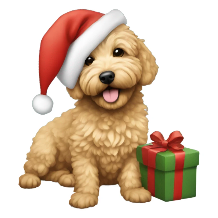 Small golden doodle wearing a Santa hat under a Christmas tree sticker