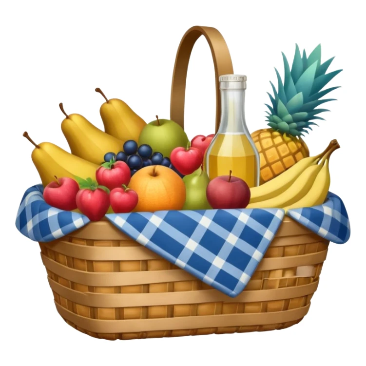 blue plaid lining basket with both food, drink and fruits sticker