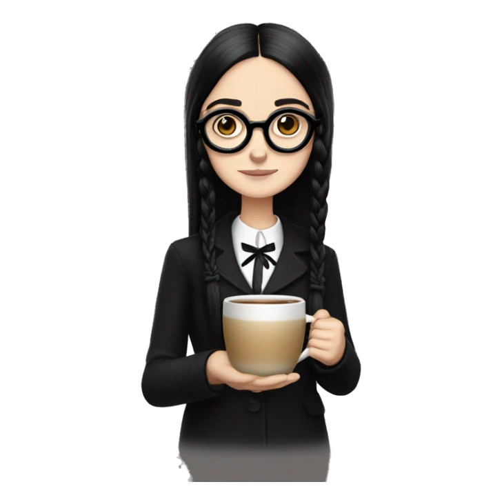 Wednesday Addams wearing square black glasses an holding a steaming coffee  mug  sticker