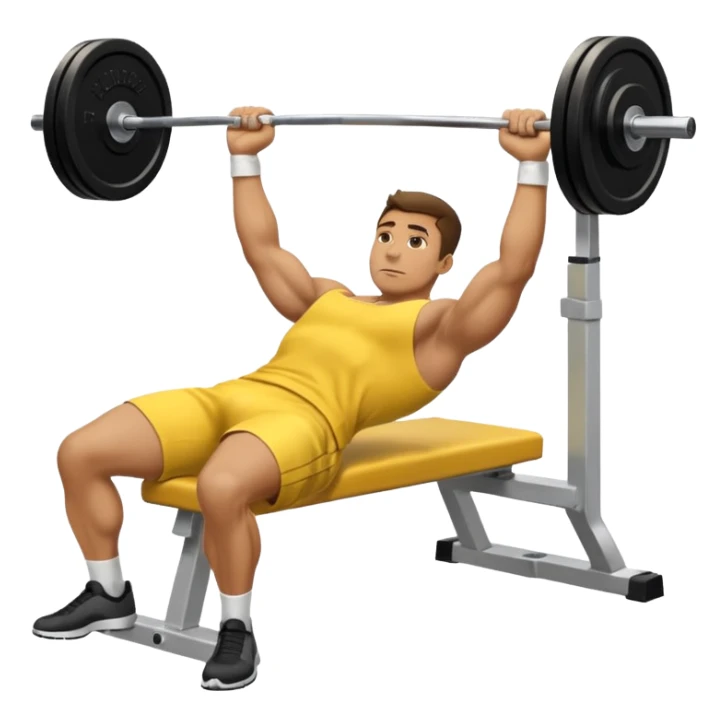 man performing a laying down bench press with cloths on, side angle, in yellow apply emoji format sticker