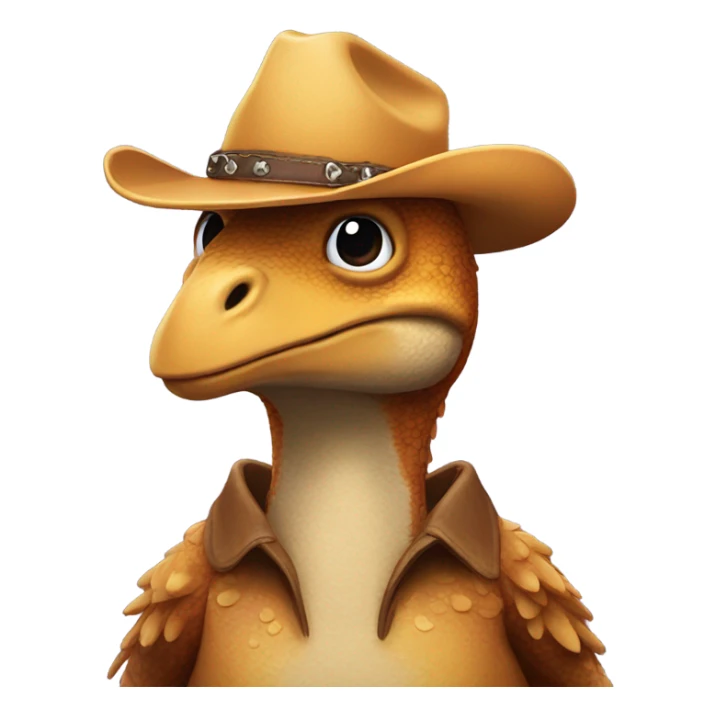 Dinosaur wearing a chicken suit with a cowboy hat sticker