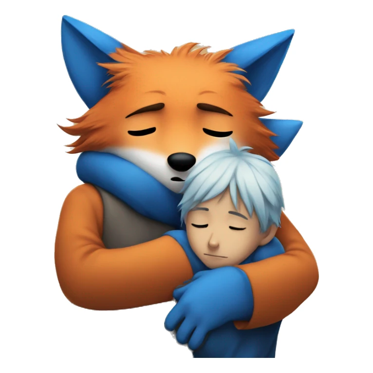 Sad fox being cuddled by blue haired boy in fox mask  sticker
