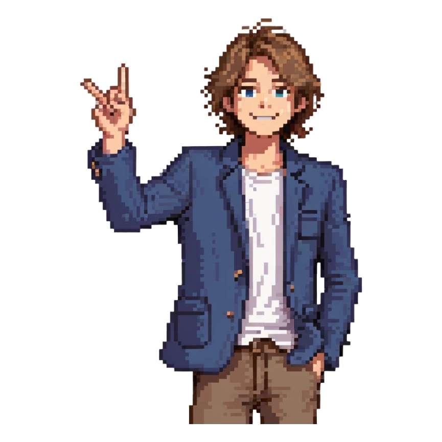 Flat pixel are, lively and clever male debater, fair skin, medium-length messy light brown hair, sharp eyes with a mischievous smile, wearing indigo blazer over a casual t-shirt, one hand raised mid-gesture, the other holding a floating speech bubble, waist-up, front-facing sticker