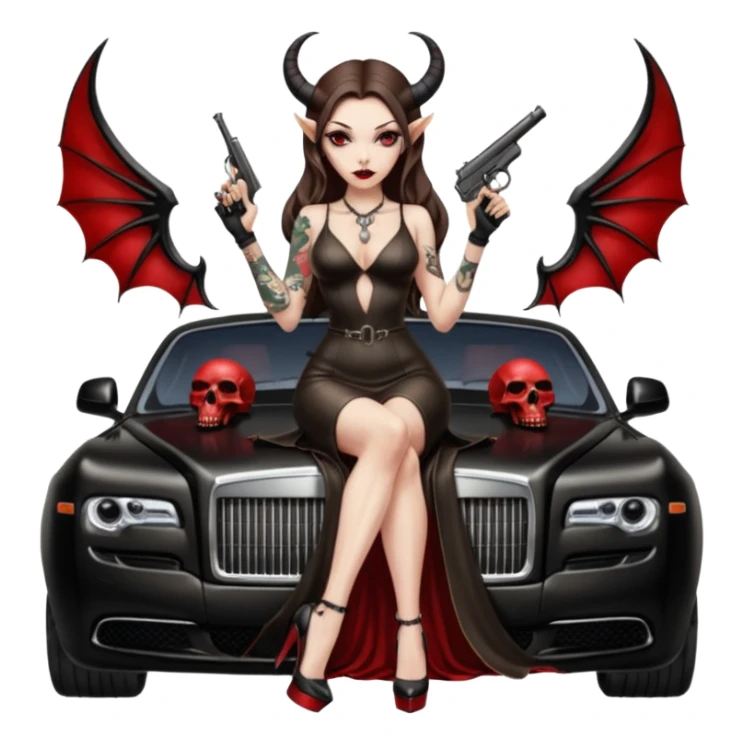 Lilith model red eye sexy black  devil horns.  long brown haired sexy succubus woman with leather long dress slit, sitting on rolls Royce. Wearing Black Platform high heels on feet. Tattoo sleeve arms, dead human skull of her ex skull is on top of stack of cash and a gun in  hand sticker