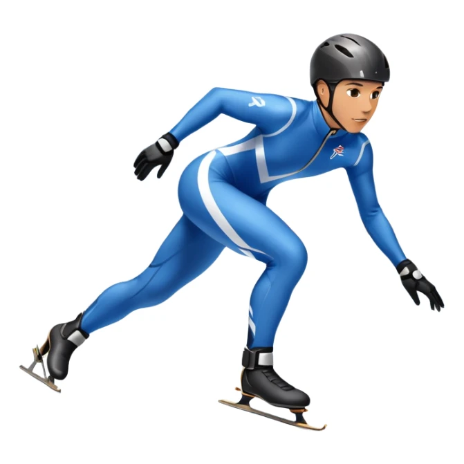 An icon showing a professional speed skater leaning into a turn on a polished ice track, dressed in a sleek suit and helmet. The scene includes a grand arena, snow-covered mountains in the distance, and a crisp blue sky. Transparent background highlights speed and precision. sticker