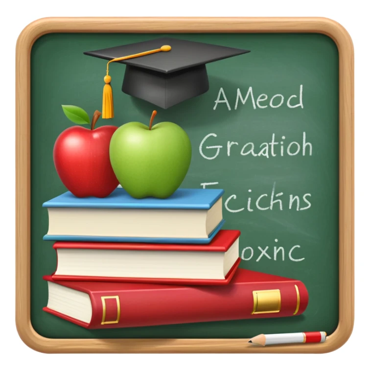 An icon featuring a chalkboard with educational equations, an apple, and a pencil, symbolizing pedagogy. The design includes a stack of books and a graduation cap, representing teaching and learning. Transparent background highlights the dedication to education and mentorship. sticker