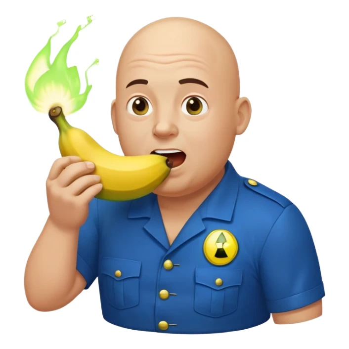 bald a bit fat man in a blue uniform eating radioactive banana sticker