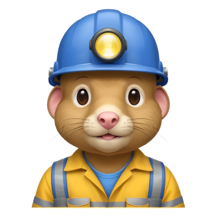 a mole rat, blue helmet, headlamp, yellow worker cloth sticker
