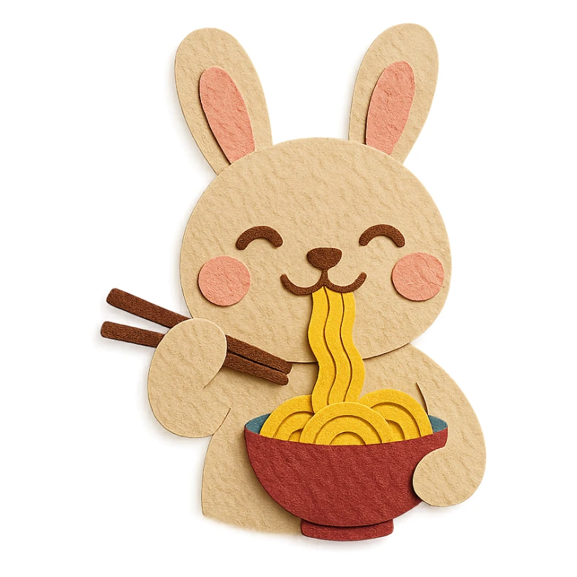 beige bunny happily slurping noodles, holding proper chopsticks, paper-craft style sticker