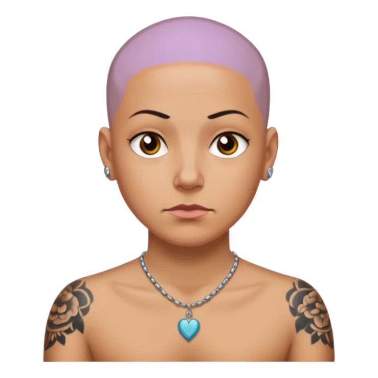 a bald head wearing necklace, having tattoo sticker