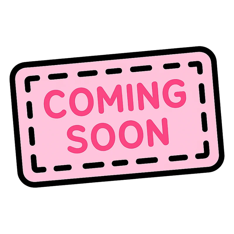 baby pink coming soon stamp, color outline style, rectangular with dashed border, clear text sticker
