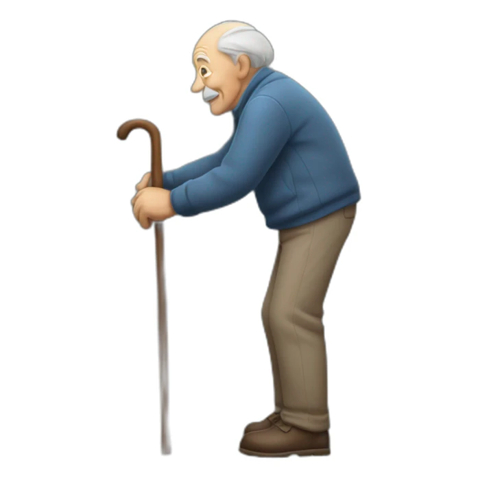 Old man leaning on a walking cane holding his back with the other hand sticker