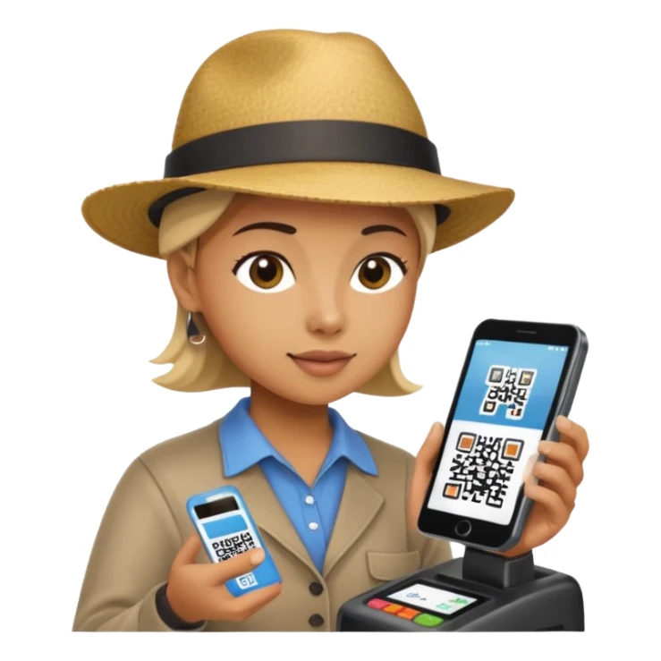Draw a tourist who is using their phone to scan a QR code on a POS terminal. In the style of Apple emoji sticker
