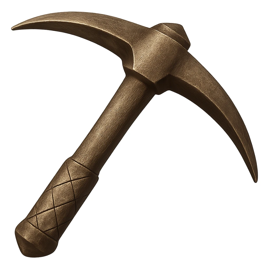 Change the color and texture to realistic bronze metal, making the pickaxe metallic, shiny, and worn. Keep the pickaxe's shape. The style should resemble emoji style with a transparent background. sticker