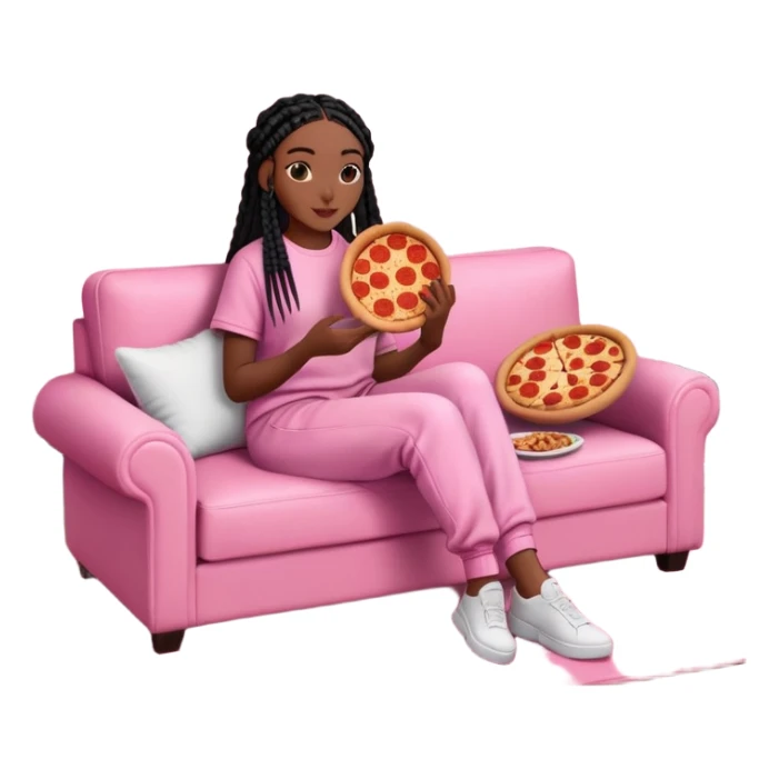 A dark-brown-skinned Black woman with black box braids, sitting on a pink couch, holding an open pizza box.She’s wearing comfy loungewear, looking relaxed and enjoying her food. sticker