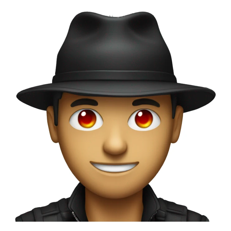 A hacker wearing a black hat and he has red eyes sticker
