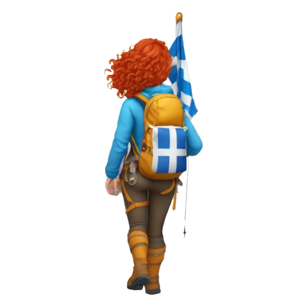 Female winter mountain climber red wavy hair climbing with Greek flag on backpack and holding Easter eggs basket sticker