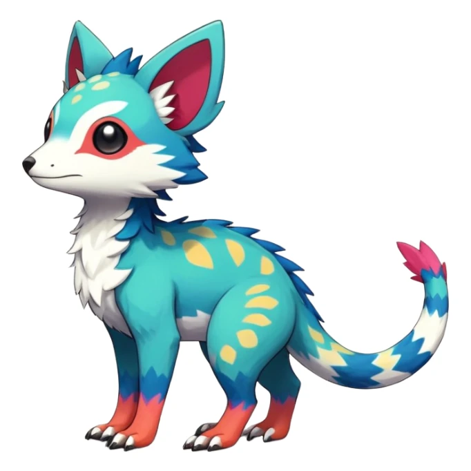 Rare realistic exotic edgy epic cute pretty beautiful handsome gorgeous aesthetic colorful vibrant Vernid-Trico-species-Fakemon-creature by LiLaiRa, 4 legs, 1 tail, random markings, (full body) sticker