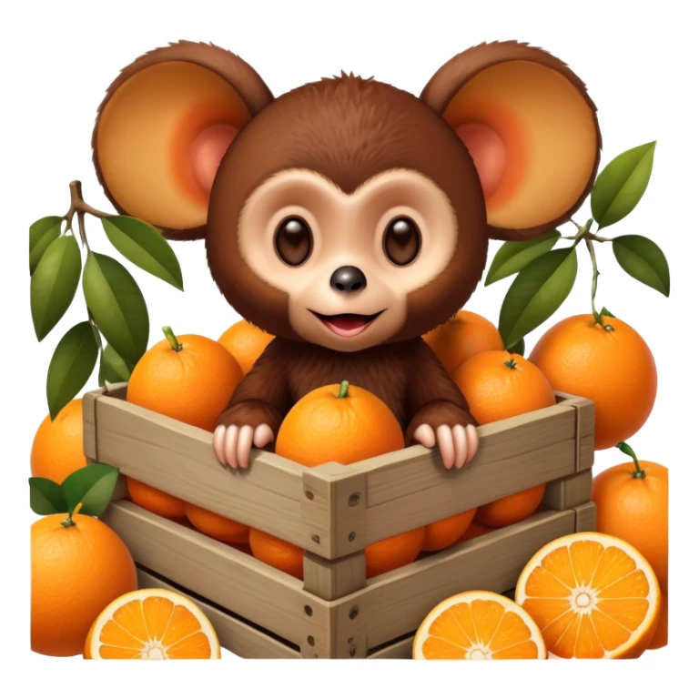 Cheburashka with big ears in a crate of oranges sticker