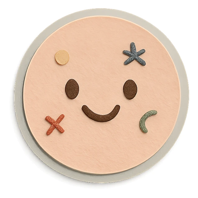 soft pastel round button icon with tiny doodles with a smiling face accent sticker