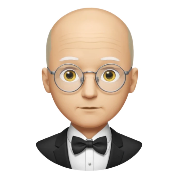 Yellow-skinned animated man. Bald on top with thin gray hair at the sides. Large round white eyes with black pupils. Wears round glasses. Pointed nose. Visible suit lapels, white shirt collar, and bow tie at the neck. sticker
