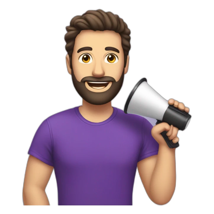 a white man with a black beard, speaking in a red megaphone next to his mouth, he wears a purple tshirt, smiling,he has a modern haircut sticker