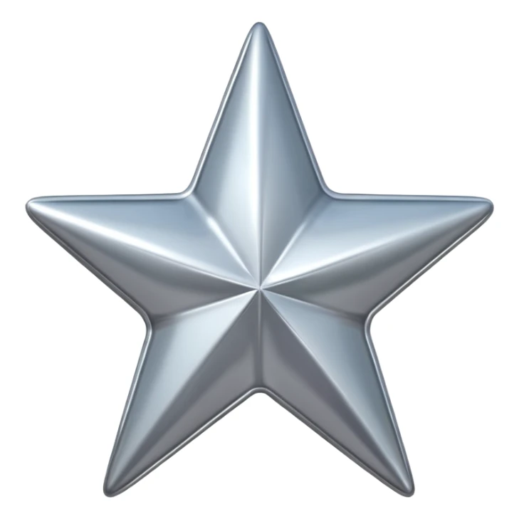Chrome silver star emoji, iOS emoji style, glossy metallic surface, soft reflections, minimalistic, centered, clean white background, high detail, smooth gradients sticker