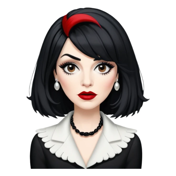 Moira Rose from Schitt's Creek with dramatic black and white outfit, bold red lips, distinctive black wig, and exaggerated expression sticker