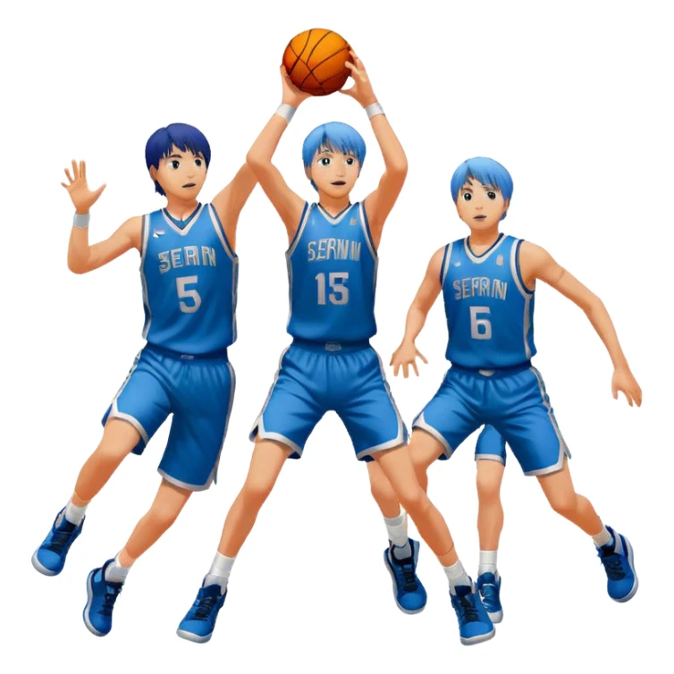 Icon for Kuroko no Basuke: Kuroko Tetsuya with his basketball, surrounded by the Seirin High team and vibrant action scenes on the court. The design should capture the intensity and athleticism of the anime with dynamic poses and energy. Transparent background. sticker