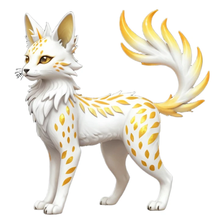Epic complex fantasy glorious detailed futuristic divine godly angelic feathery sunny, white, albino, pastel, golden, orange glowing sparkly, realistic Fakémon-Trico-Sergal-Serval-Solgaleo-Vernid-creature (full body) solarpunk, shiny sparkly with a gold laurel sticker